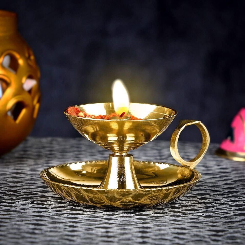 Designer 2" Brass Akhand Diya Deepak Oil Lamp For Puja Prayer Gift Home Temple
