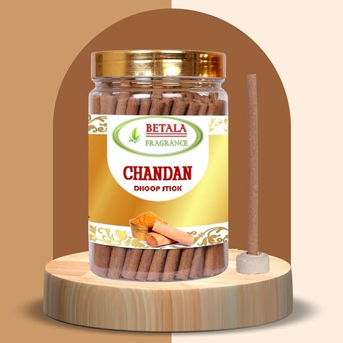 Betala Fragrance Chandan Flavour Dhoop Sticks for Pooja, Pack of 200 Gm Dhup Batti with Holder, Agarbatti, Incense Stick, Sandal, Cones, Cup, Sambrani (200 Gm)